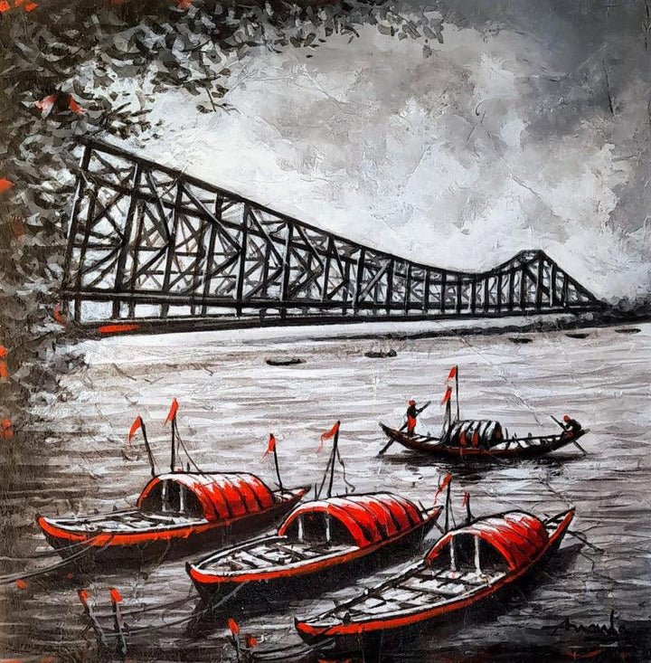 Cityscape acrylic charcoal painting titled 'Howrah Bridge', 12x12 inches, by artist Ananda Das on Canvas