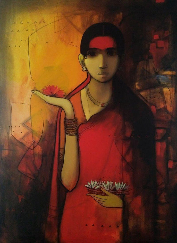 Figurative acrylic painting titled 'Indian Woman', 48x36 inches, by artist Sachin Sagare on Canvas