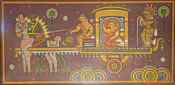 Figurative tempera painting titled 'Bride And Companion', 29x59 inches, by artist Jamini Roy on Tampera Cloth