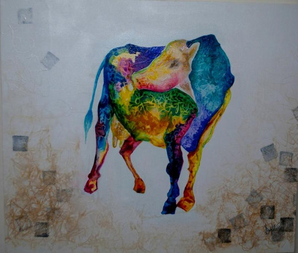 Animals mixed media painting titled 'Kamadhenu', 36x45 inches, by artist Shuchi Khanna on Canvas