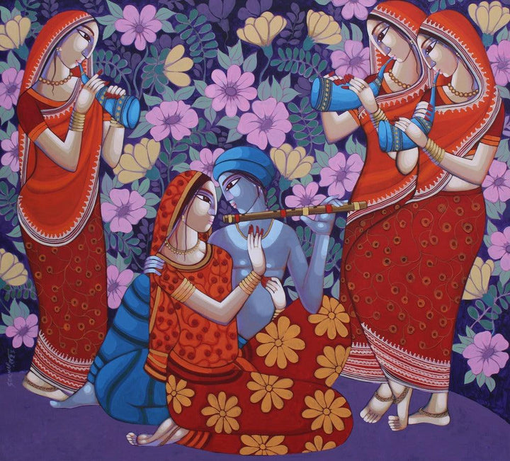 Religious acrylic painting titled 'Krishna Leela', 66x60 inches, by artist Sekhar Roy on Canvas