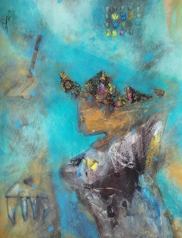 Abstract mixed media painting titled 'Labourer King', 20x15 inches, by artist Dhananjoy Das Painting on Paper