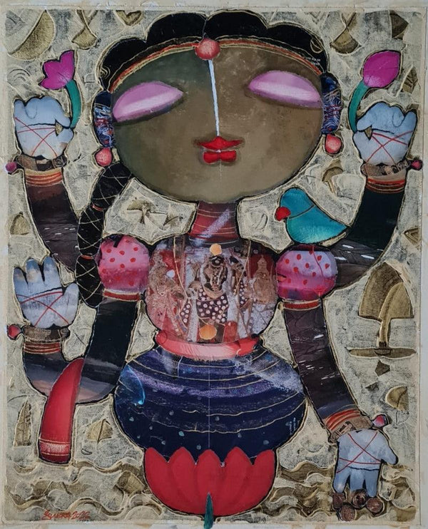 Religious mixed media painting titled 'Lakshmi', 22x18 inches, by artist G Subramanian on Canvas