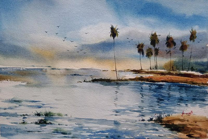 Landscape watercolor painting titled 'Landscape', 22x15 inches, by artist Prasanta Maiti on Paper