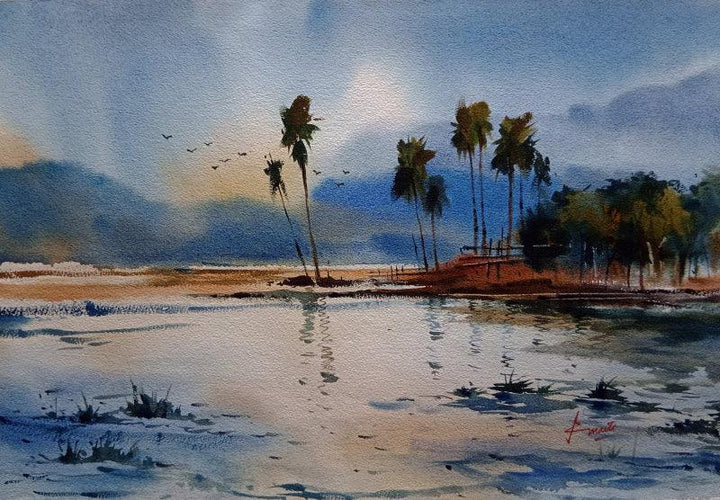 Landscape watercolor painting titled 'Landscape', 22x15 inches, by artist Prasanta Maiti on Paper