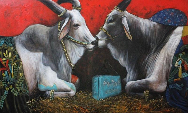 Animals acrylic painting titled 'Lockdown', 36x48 inches, by artist Jiban Biswas on Canvas