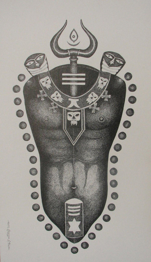 Religious pen drawing titled 'Lord Shiva', 30x18 inches, by artist Bhaskar Lahiri on Paper Board