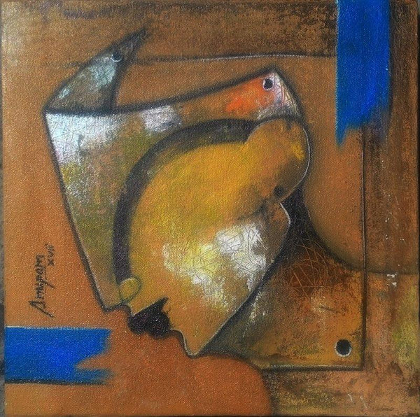 Figurative acrylic painting titled 'Mask 1', 12x12 inches, by artist Anupam Pal on Canvas