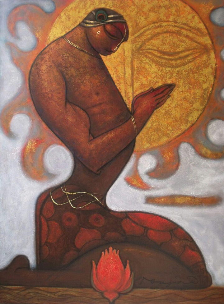 Figurative acrylic painting titled 'Meditation', 48x36 inches, by artist Ramesh Gujar on Canvas