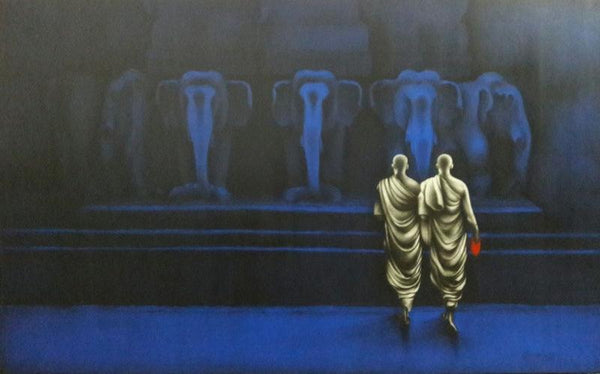 Religious charcoal drawing titled 'Monks', 30x48 inches, by artist Yuvraj Patil on Canvas