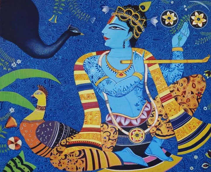 Religious acrylic painting titled 'Muralidhar', 30x36 inches, by artist Bhaskar Lahiri on Canvas