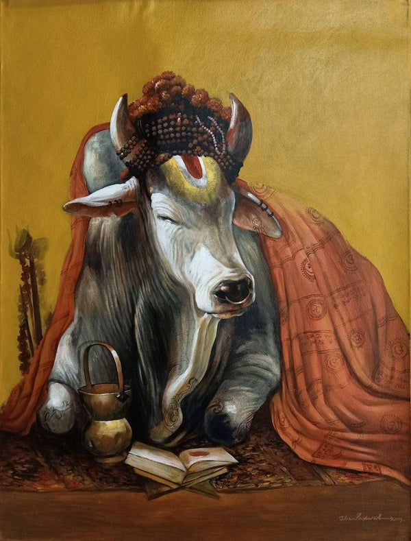 Animals acrylic painting titled 'Nandi', 48x36 inches, by artist Jiban Biswas on Canvas