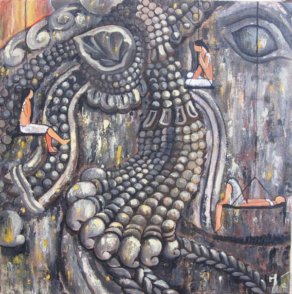 Surrealist acrylic painting titled 'Nandi', 14x14 inches, by artist Suruchi Jamkar on Canvas