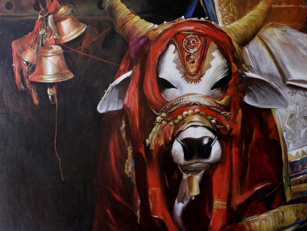 Animals acrylic painting titled 'Nandi', 36x48 inches, by artist Jiban Biswas on Canvas