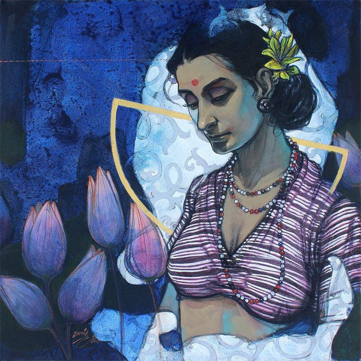 Figurative acrylic painting titled 'Nisha', 18x18 inches, by artist Ramchandra Kharatmal on Canvas