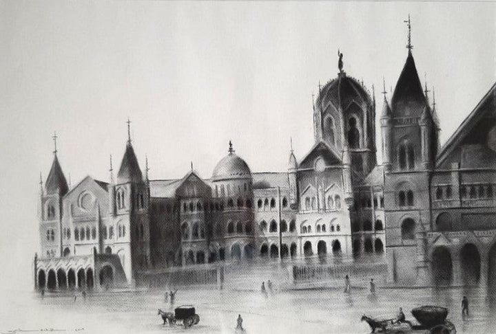 Cityscape charcoal painting titled 'Old Mumbai', 18x26 inches, by artist Akash Parkande on Canvas