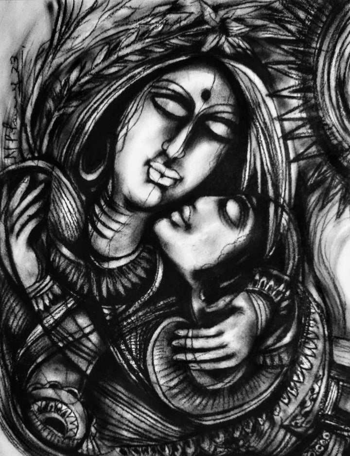 Figurative charcoal painting titled 'Paradise', 23x20 inches, by artist N P Pandey on Paper