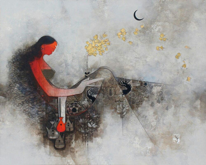 Religious mixed media painting titled 'Parvati', 48x60 inches, by artist Amol Pawar on canvas