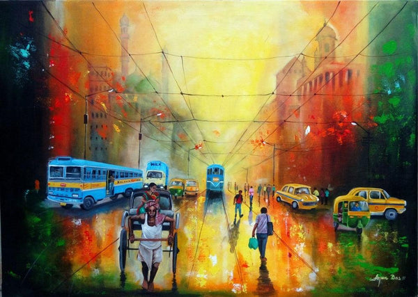 contemporary acrylic painting titled 'Rainy Day In Kolkata', 42x30 inches, by artist Arjun Das on Canvas