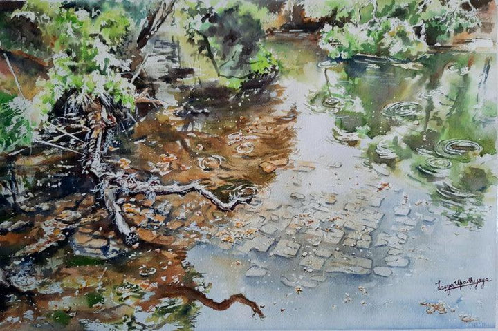 Landscape watercolor painting titled 'Reflections', 15x22 inches, by artist Lasya Upadhyaya on Paper