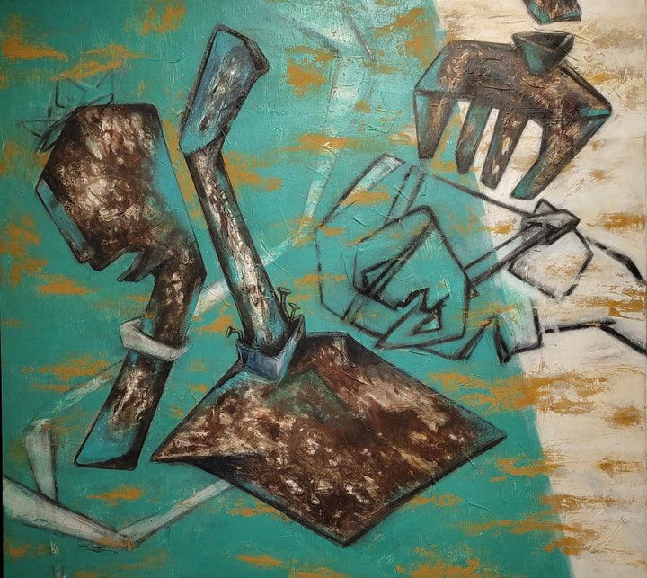 Abstract mixed media painting titled 'Rusty tools', 40x36 inches, by artist Dhananjoy Das Painting on Canvas