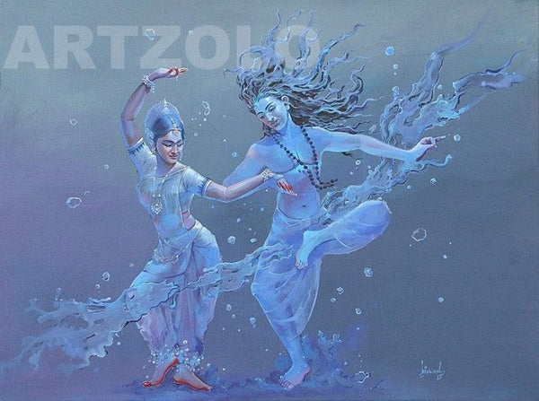 Figurative acrylic painting titled 'Shiv Parvati', 36x48 inches, by artist Bijay Biswaal on Canvas