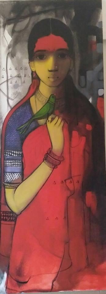 Figurative acrylic painting titled 'Simplicity', 48x18 inches, by artist Sachin Sagare on Canvas