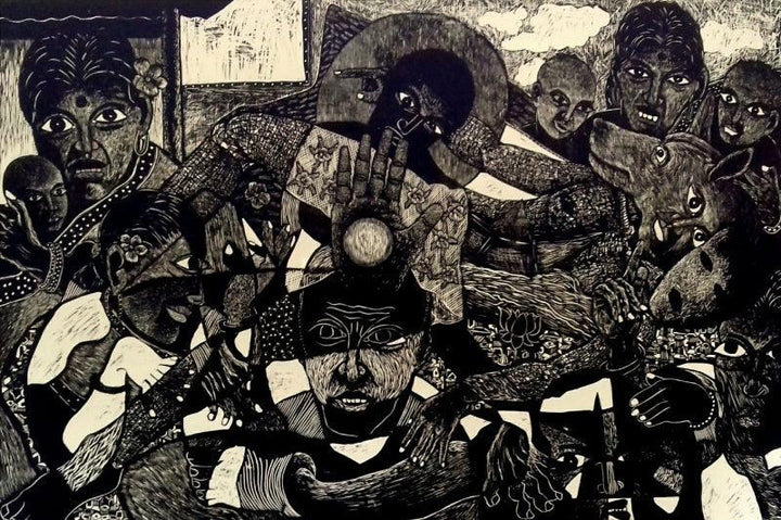 contemporary printmaking titled 'Society', 47x71 inches, by artist Jintu Mohan Kalita on Paper