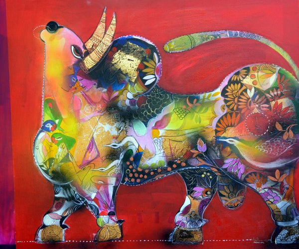 Animals acrylic painting titled 'The Bull', 36x48 inches, by artist Madan Lal on Canvas