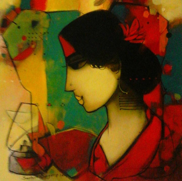 Figurative acrylic painting titled 'The Girl', 18x18 inches, by artist Sachin Sagare on Canvas