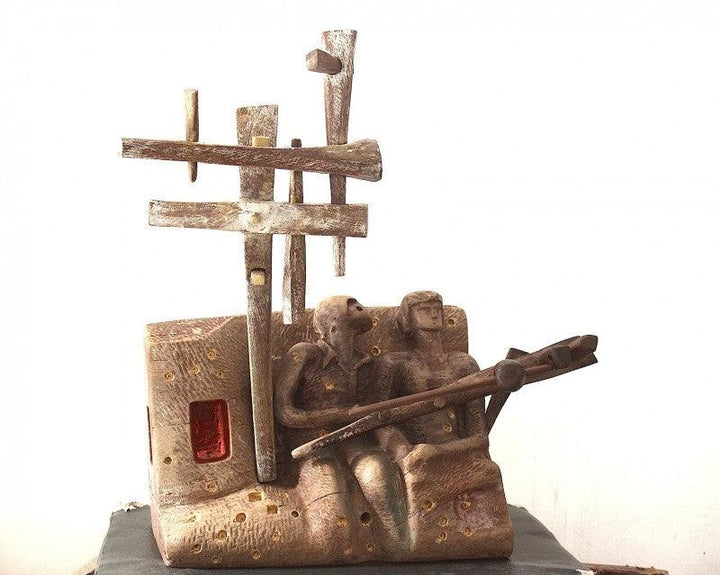 Figurative sculpture titled 'The Musicians', 12x16x8 inches, by artist Chander Parkash on Wood