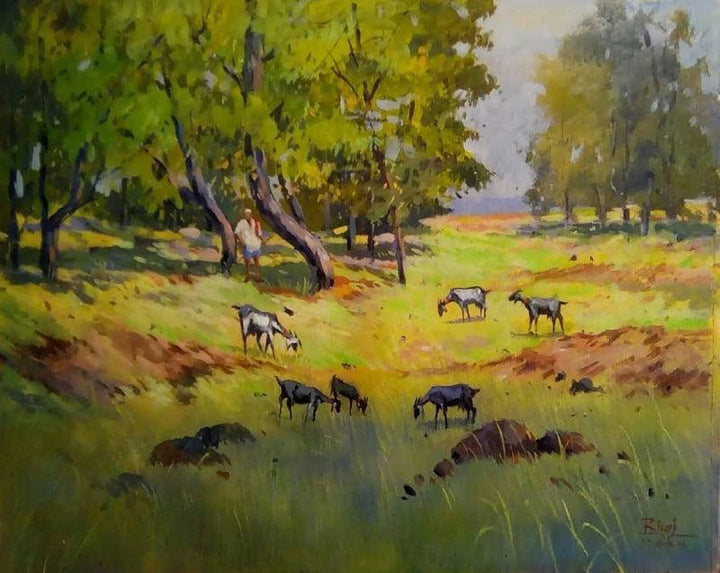 Landscape acrylic oil painting titled 'Untitled 1', 14x16 inches, by artist Riyaj Shikalgar on Paper