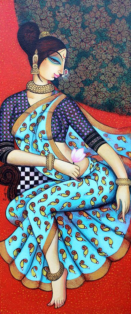 Figurative acrylic painting titled 'Untitled 1', 36x12 inches, by artist Varsha Kharatamal on Canvas