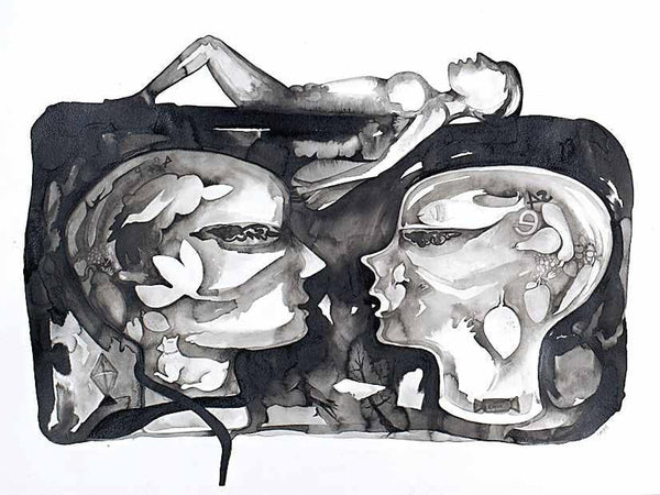 Figurative ink charcoal drawing titled 'Untitled 10', 20x30 inches, by artist Milan Desai on paper