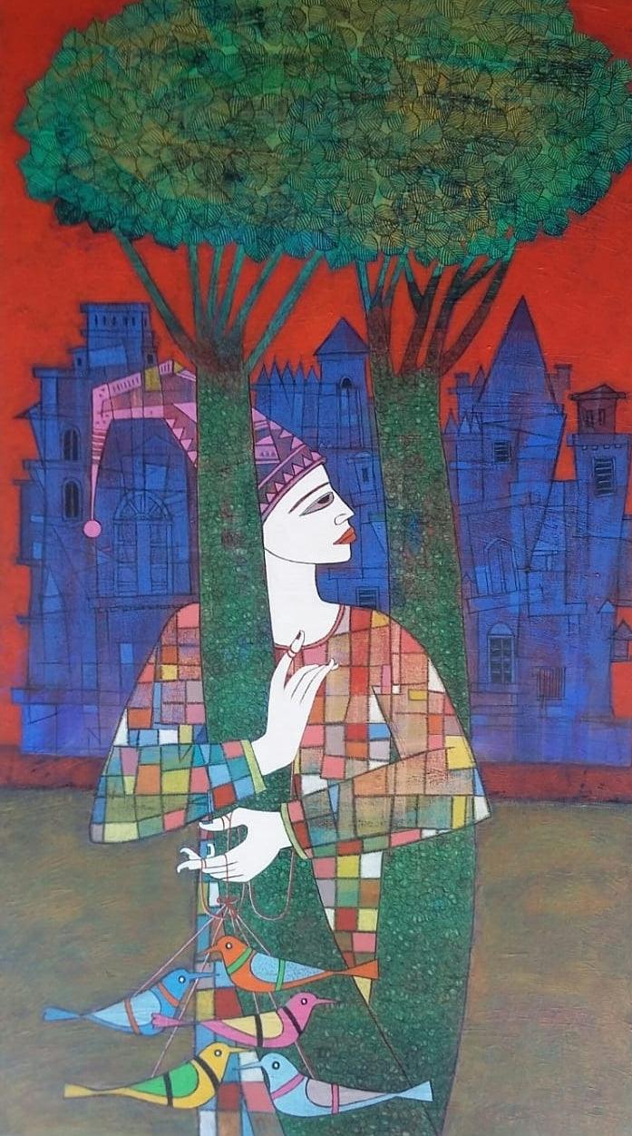 Figurative acrylic painting titled 'Untitled 12', 42x24 inches, by artist Biswajit Mondal on Canvas