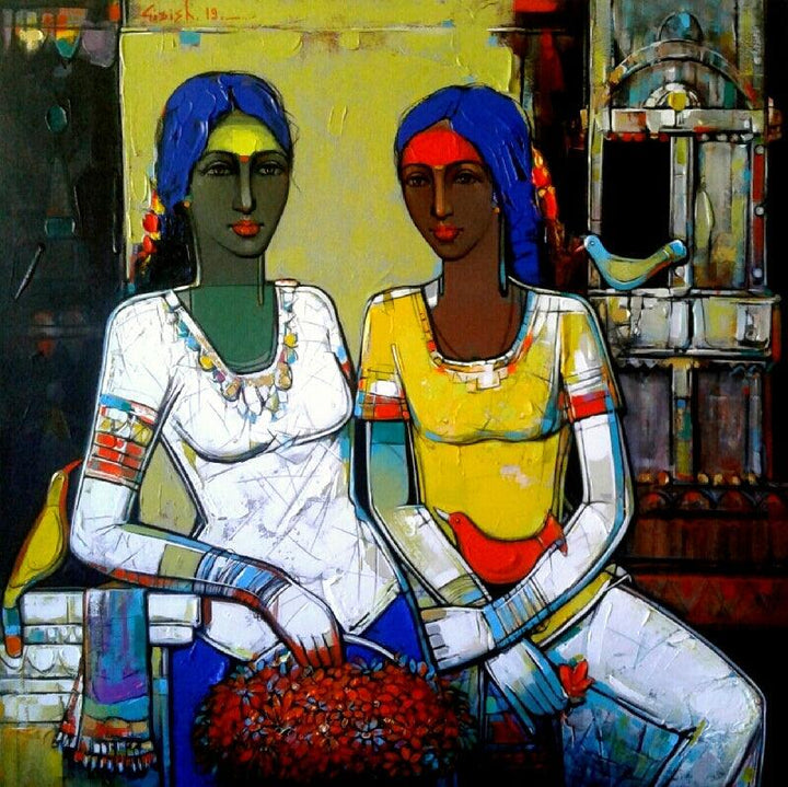 Figurative acrylic painting titled 'Untitled 12', 34x34 inches, by artist Girish Adannavar on Canvas