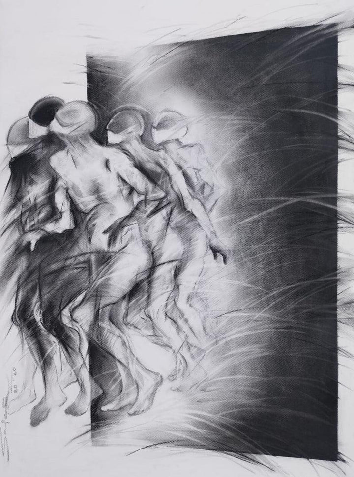 contemporary charcoal painting titled 'Untitled 22', 30x22 inches, by artist Sajal Patra on Paper