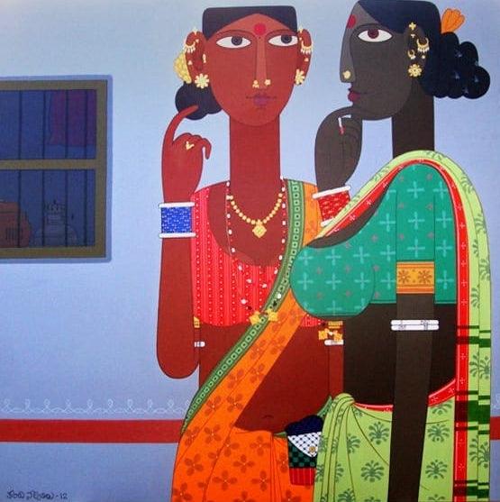 Figurative acrylic painting titled 'Untitled 3', 36x36 inches, by artist Narsimlu Kandi on Canvas