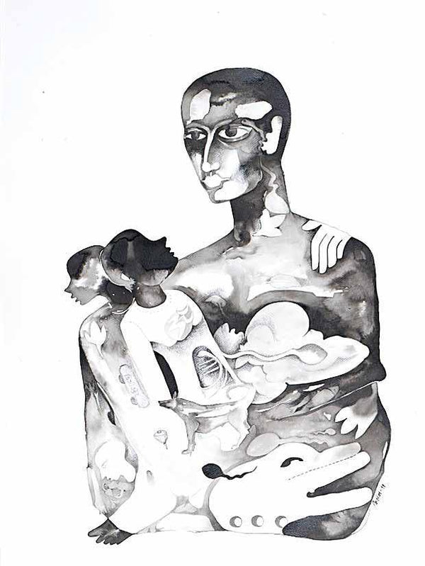Figurative ink charcoal drawing titled 'Untitled 6', 30x20 inches, by artist Milan Desai on paper