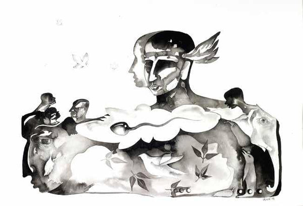 Figurative ink drawing titled 'Untitled 9', 22x30 inches, by artist Milan Desai on paper