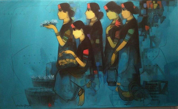 Figurative acrylic painting titled 'Untitled', 40x72 inches, by artist Sachin Sagare on Canvas