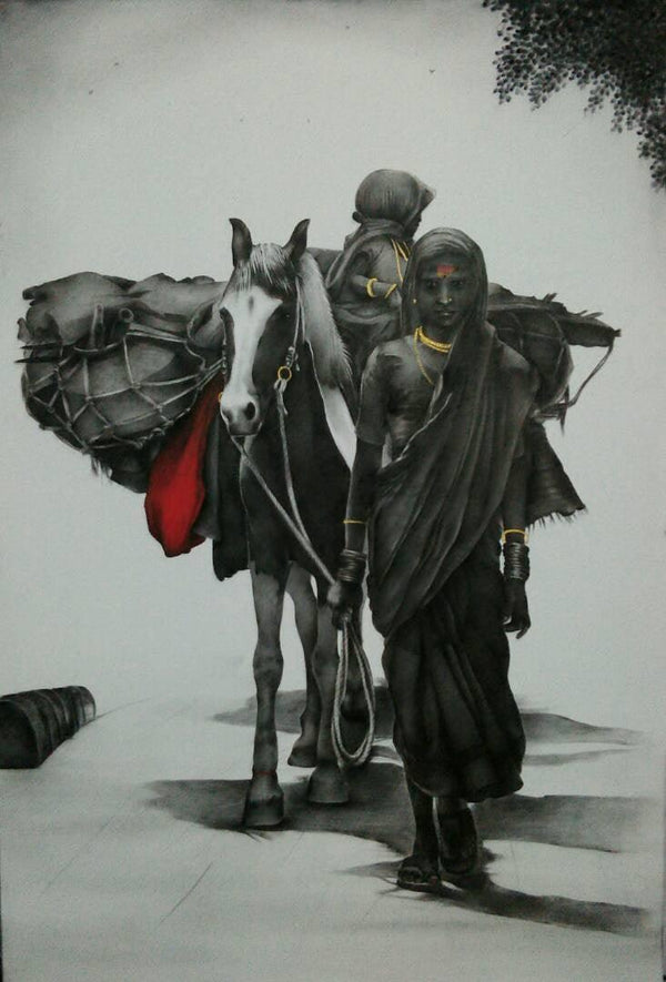 Animals charcoal drawing titled 'Untitled', 24x36 inches, by artist Yuvraj Patil on Canvas