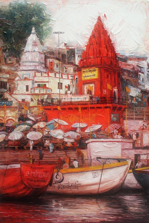 Religious acrylic painting titled 'Varanasi 2', 36x24 inches, by artist Iruvan Karunakaran on Canvas