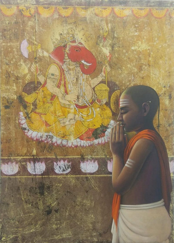 Religious acrylic painting titled 'Vighnaraja', 42x30 inches, by artist Sanjay Raut on Canvas