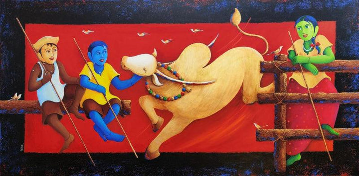 Figurative acrylic painting titled 'Village Life 1', 30x30 inches, by artist Chandrakant Tajbije on Canvas