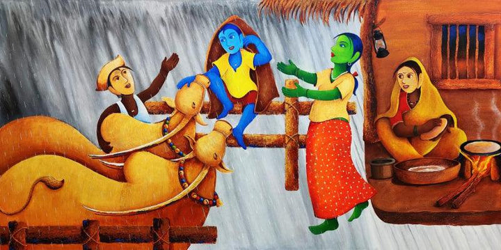 Figurative acrylic painting titled 'Village Life 2', 30x30 inches, by artist Chandrakant Tajbije on Canvas