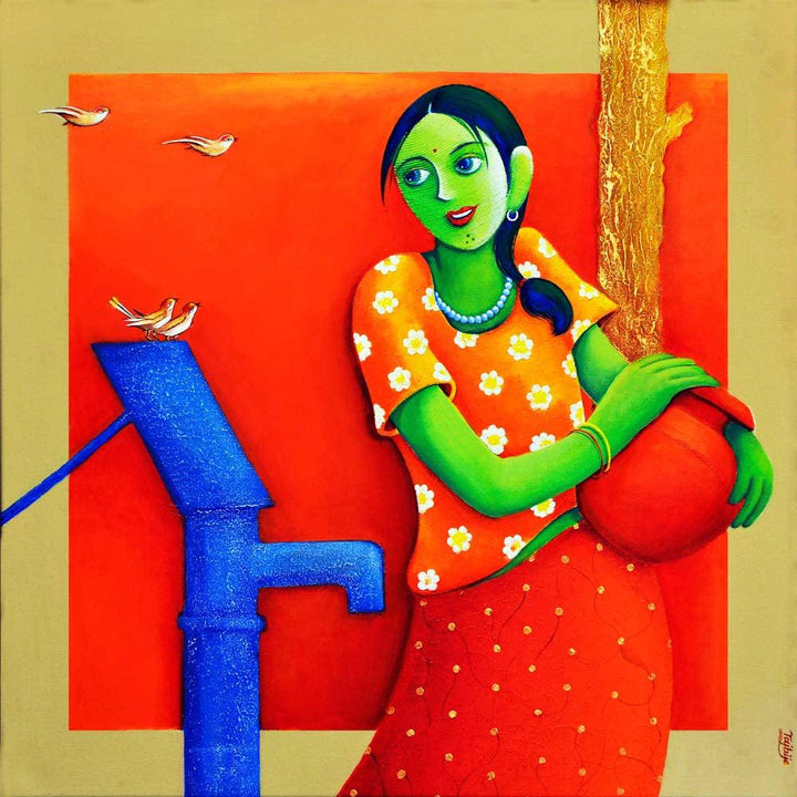 Figurative acrylic painting titled 'Village Life 2', 24x24 inches, by artist Chandrakant Tajbije on Canvas