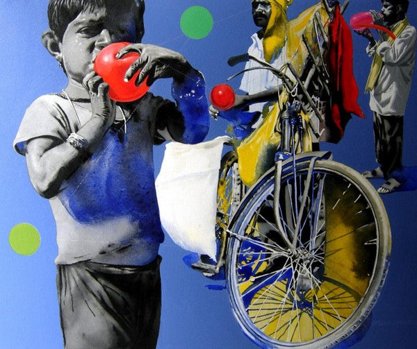 contemporary acrylic painting titled 'A boy with red ballon', 36x30 inches, by artist Manohar Rathod on Canvas