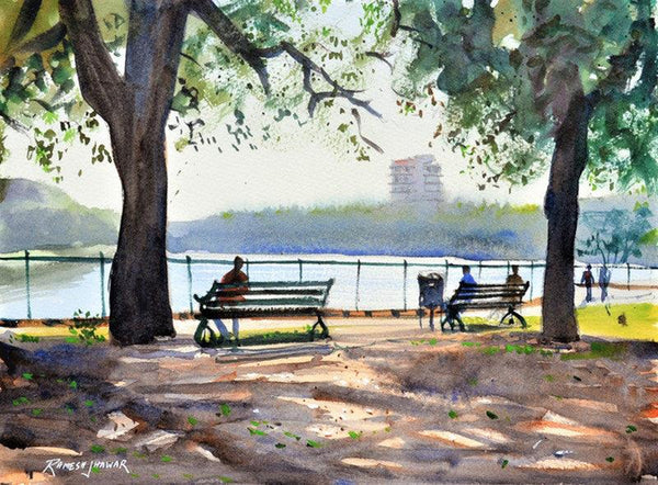 Cityscape watercolor painting titled 'A Bright Morning', 9x12 inches, by artist Ramesh Jhawar on Paper