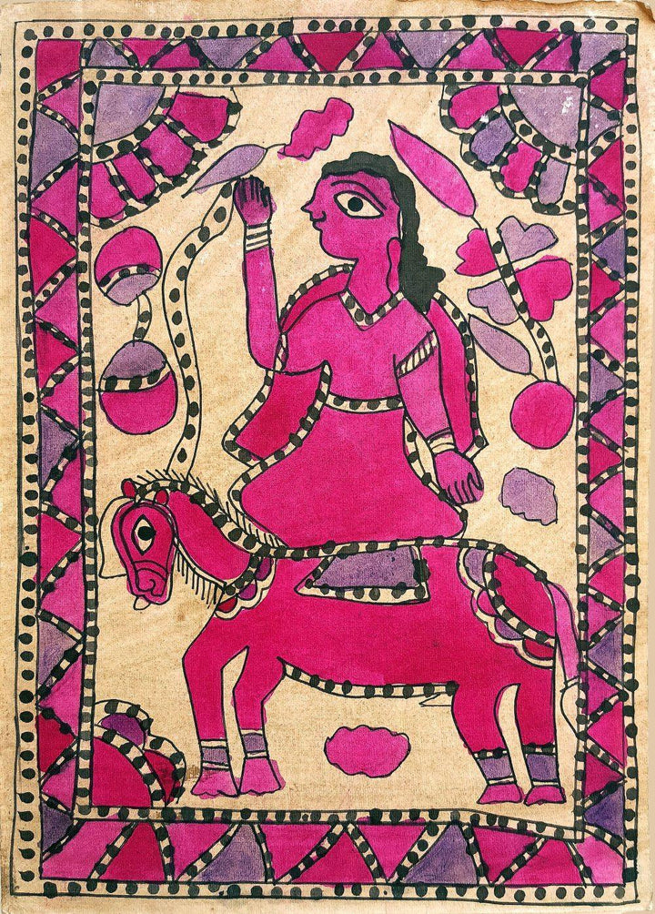 Folk Art madhubani traditional art titled 'A Crossing', 12x8 inches, by artist Yamuna Devi on Handmade Paper